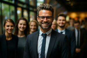 Ai Generative group of happy business man and business women, dressed in suits are smiling, in the office photo