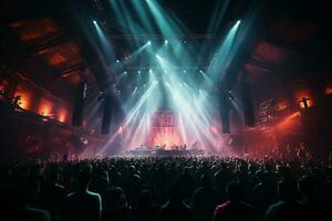 Ai generative Crowded Concert Stage Scenery With Spotlights and Colored Lights realistic image, ultra hd photo