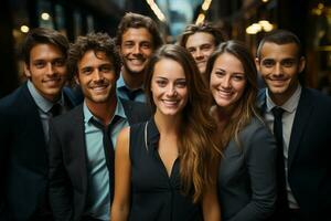 Ai Generative group of happy business man and business women, dressed in suits are smiling, in the office photo