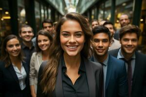 Ai Generative group of happy business man and business women, dressed in suits are smiling, in the office photo