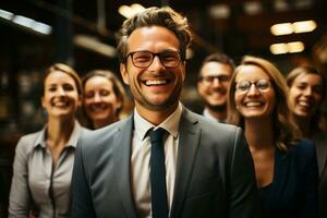 Ai Generative group of happy business man and business women, dressed in suits are smiling, in the office photo