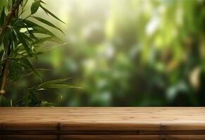 Ai Generative Wooden table on bamboo plant background realistic image ultra hd high design very detailed photo