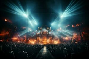 Ai generative Crowded Concert Stage Scenery With Spotlights and Colored Lights realistic image, ultra hd photo