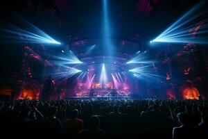 Ai generative Crowded Concert Stage Scenery With Spotlights and Colored Lights realistic image, ultra hd photo