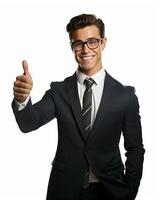 Ai generative photo business concept portrait of excited man dressed in formal wear giving thumbs up