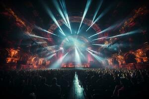 Ai generative Crowded Concert Stage Scenery With Spotlights and Colored Lights realistic image, ultra hd photo