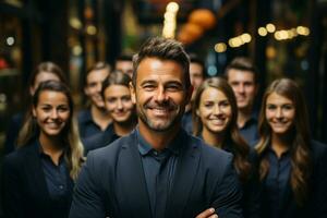 Ai Generative group of happy business man and business women, dressed in suits are smiling, in the office photo