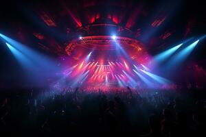 Ai generative Crowded Concert Stage Scenery With Spotlights and Colored Lights realistic image, ultra hd photo