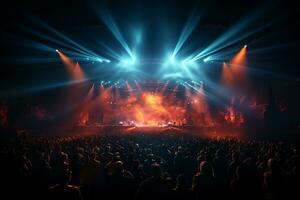 Ai generative Crowded Concert Stage Scenery With Spotlights and Colored Lights realistic image, ultra hd photo