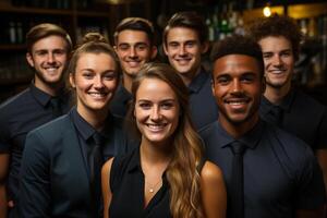 Ai Generative group of happy business man and business women, dressed in suits are smiling, in the office photo