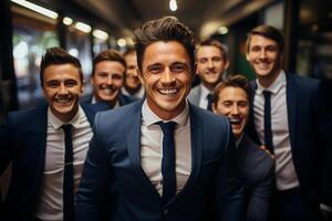 Ai Generative group of happy business man and business women, dressed in suits are smiling, in the office photo