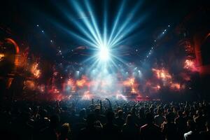 Ai generative Crowded Concert Stage Scenery With Spotlights and Colored Lights realistic image, ultra hd photo