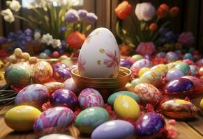 Ai generative photo happy bunny with many easter eggs on grass festive background for decorative design