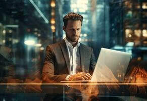 Ai generative double exposure photo of a business man using laptop on his desk front view office background realistic image, ultra hd, high design very detailed