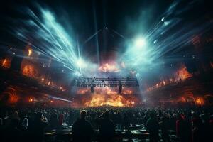 Ai generative Crowded Concert Stage Scenery With Spotlights and Colored Lights realistic image, ultra hd photo