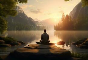 ai generative photo of a man practicing mindfulness and meditation in a peaceful natural environment sony A7s realistic image, ultra hd, high design very detailed