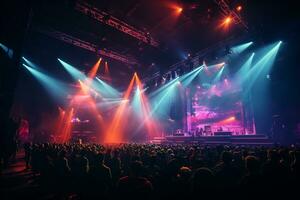 Ai generative Crowded Concert Stage Scenery With Spotlights and Colored Lights realistic image, ultra hd photo