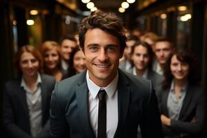 Ai Generative group of happy business man and business women, dressed in suits are smiling, in the office photo