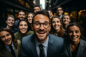 Ai Generative group of happy business man and business women, dressed in suits are smiling, in the office photo