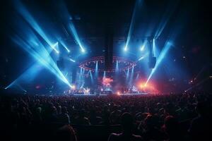 Ai generative Crowded Concert Stage Scenery With Spotlights and Colored Lights realistic image, ultra hd photo