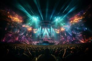 Ai generative Crowded Concert Stage Scenery With Spotlights and Colored Lights realistic image, ultra hd photo