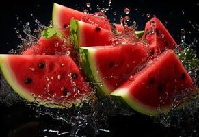 Photo water splashing on sliced of watermelon