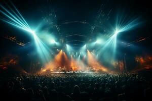 Ai generative Crowded Concert Stage Scenery With Spotlights and Colored Lights realistic image, ultra hd photo