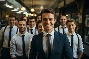 Ai Generative group of happy business man and business women, dressed in suits are smiling, in the office photo