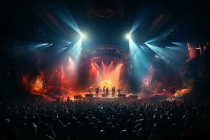 Ai generative Crowded Concert Stage Scenery With Spotlights and Colored Lights realistic image, ultra hd photo