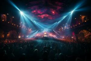 Ai generative Crowded Concert Stage Scenery With Spotlights and Colored Lights realistic image, ultra hd photo