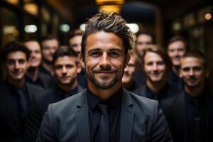 Ai Generative group of happy business man and business women, dressed in suits are smiling, in the office photo