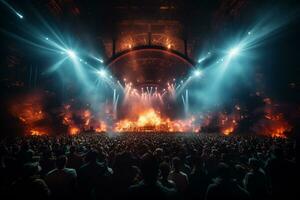 Ai generative Crowded Concert Stage Scenery With Spotlights and Colored Lights realistic image, ultra hd photo