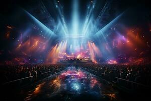 Ai generative Crowded Concert Stage Scenery With Spotlights and Colored Lights realistic image, ultra hd photo