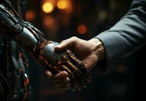 Ai generative handshaking, one human male hand, one robot hand in an office background photo
