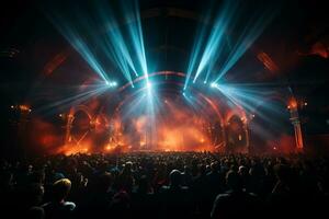 Ai generative Crowded Concert Stage Scenery With Spotlights and Colored Lights realistic image, ultra hd photo