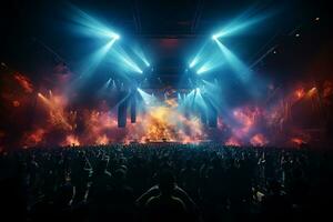 Ai generative Crowded Concert Stage Scenery With Spotlights and Colored Lights realistic image, ultra hd photo