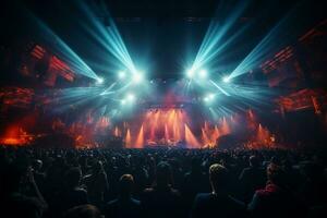 Ai generative Crowded Concert Stage Scenery With Spotlights and Colored Lights realistic image, ultra hd photo