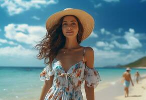 Ai generative young tourist woman in summer dress and hat standing on beautiful sandy beach. Cute girl enjoying photo