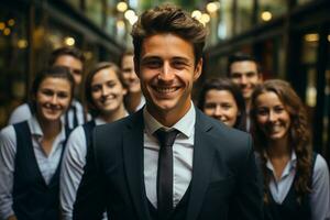 Ai Generative group of happy business man and business women, dressed in suits are smiling, in the office photo