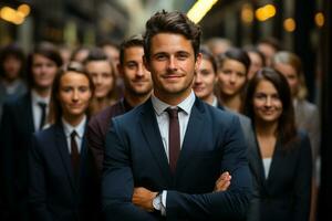 ai generativo grupo de contento negocio hombre y negocio mujer, vestido en trajes son sonriente, en el oficina foto