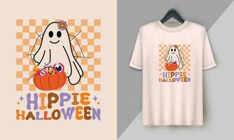 Hippie Halloween - Retro Halloween Cute T-shirt Design with groovy style, Boo, Ghost, pumpkin, witch, etc vector