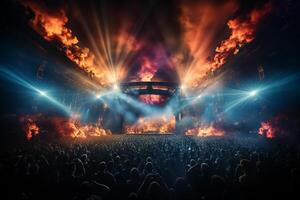 Ai generative Crowded Concert Stage Scenery With Spotlights and Colored Lights realistic image, ultra hd photo