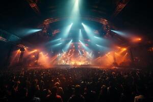 Ai generative Crowded Concert Stage Scenery With Spotlights and Colored Lights realistic image, ultra hd photo
