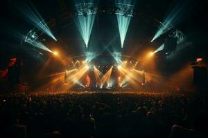 Ai generative Crowded Concert Stage Scenery With Spotlights and Colored Lights realistic image, ultra hd photo