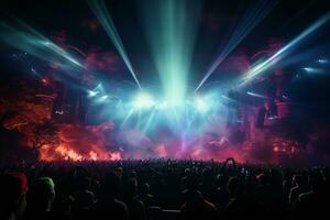 Ai generative Crowded Concert Stage Scenery With Spotlights and Colored Lights realistic image, ultra hd photo