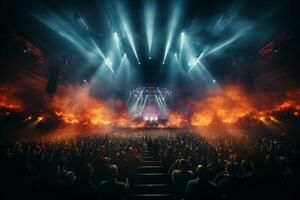 Ai generative Crowded Concert Stage Scenery With Spotlights and Colored Lights realistic image, ultra hd photo