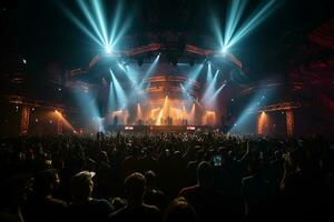 Ai generative Crowded Concert Stage Scenery With Spotlights and Colored Lights realistic image, ultra hd photo