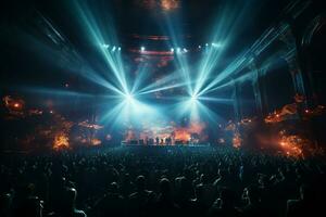 Ai generative Crowded Concert Stage Scenery With Spotlights and Colored Lights realistic image, ultra hd photo