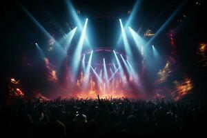 Ai generative Crowded Concert Stage Scenery With Spotlights and Colored Lights realistic image, ultra hd photo