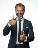 Ai generative photo business concept portrait of excited man dressed in formal wear giving thumbs up